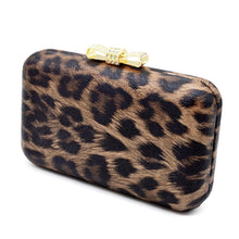 Load image into Gallery viewer, Elegant Leopard PU Leather Crystal Bow Top Hard Clutch Evening Bag Handbag
