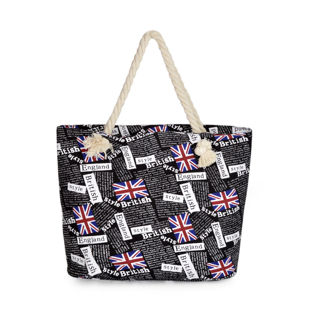 Premium Large Union Jack British Letters Print Canvas Tote Shoulder Bag Handbag