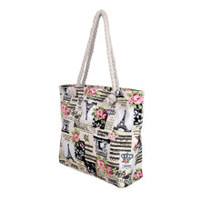 Load image into Gallery viewer, Paris Eiffel Tower Music Notes Floral Print Canvas Tote Shoulder Bag Handbag