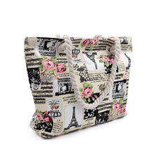 Load image into Gallery viewer, Paris Eiffel Tower Music Notes Floral Print Canvas Tote Shoulder Bag Handbag