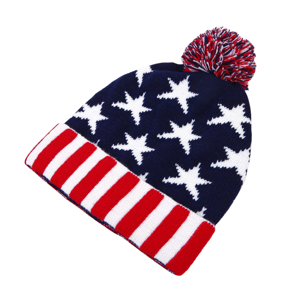 Premium Unisex Warm Knit USA American Flag Style Stars Stripes Beanie Hat