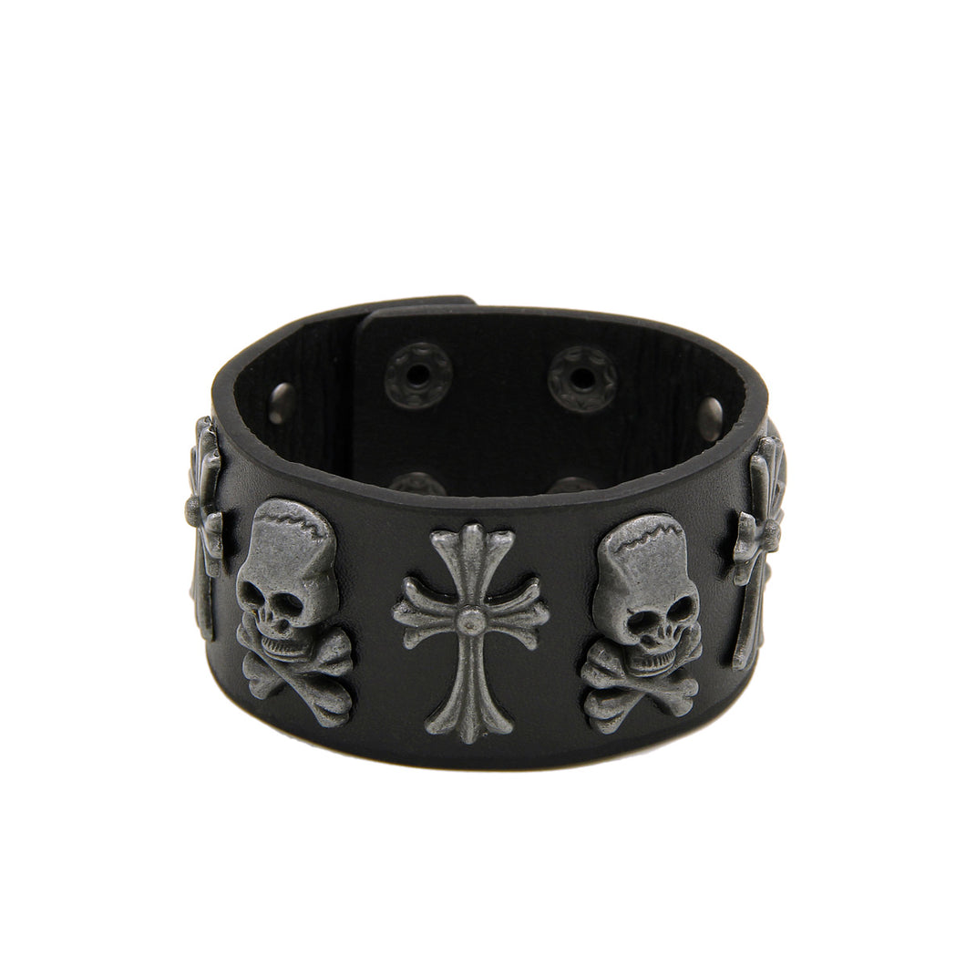 Premium Vintage Cross & Skull Studded PU Leather Bracelet