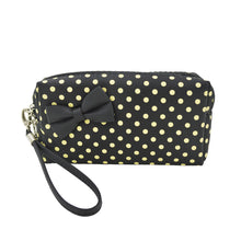Load image into Gallery viewer, Premium Chic Small Polka Dot Bow Double Zip Wristlet Cosmetic Travel Makeup Bag