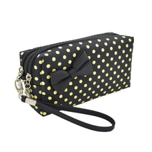 Load image into Gallery viewer, Premium Chic Small Polka Dot Bow Double Zip Wristlet Cosmetic Travel Makeup Bag