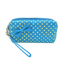 Load image into Gallery viewer, Premium Chic Small Polka Dot Bow Double Zip Wristlet Cosmetic Travel Makeup Bag