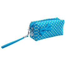 Load image into Gallery viewer, Premium Chic Small Polka Dot Bow Double Zip Wristlet Cosmetic Travel Makeup Bag