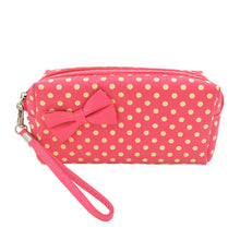 Load image into Gallery viewer, Premium Chic Small Polka Dot Bow Double Zip Wristlet Cosmetic Travel Makeup Bag