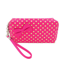 Load image into Gallery viewer, Premium Chic Small Polka Dot Bow Double Zip Wristlet Cosmetic Travel Makeup Bag