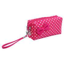 Load image into Gallery viewer, Premium Chic Small Polka Dot Bow Double Zip Wristlet Cosmetic Travel Makeup Bag