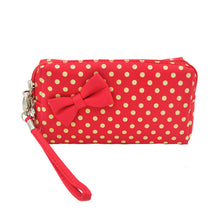 Load image into Gallery viewer, Premium Chic Small Polka Dot Bow Double Zip Wristlet Cosmetic Travel Makeup Bag