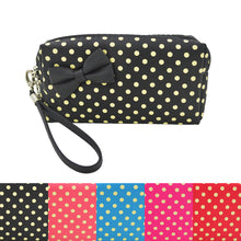 Load image into Gallery viewer, Premium Chic Small Polka Dot Bow Double Zip Wristlet Cosmetic Travel Makeup Bag