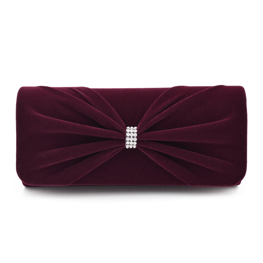 Elegant Rhinestone Bow Front Velvet Clutch Evening Bag Handbag -Diff Colors