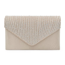 Load image into Gallery viewer, Premium Rainbow Rhinestones Pleated Front Satin Envelope Flap Clutch Evening Bag