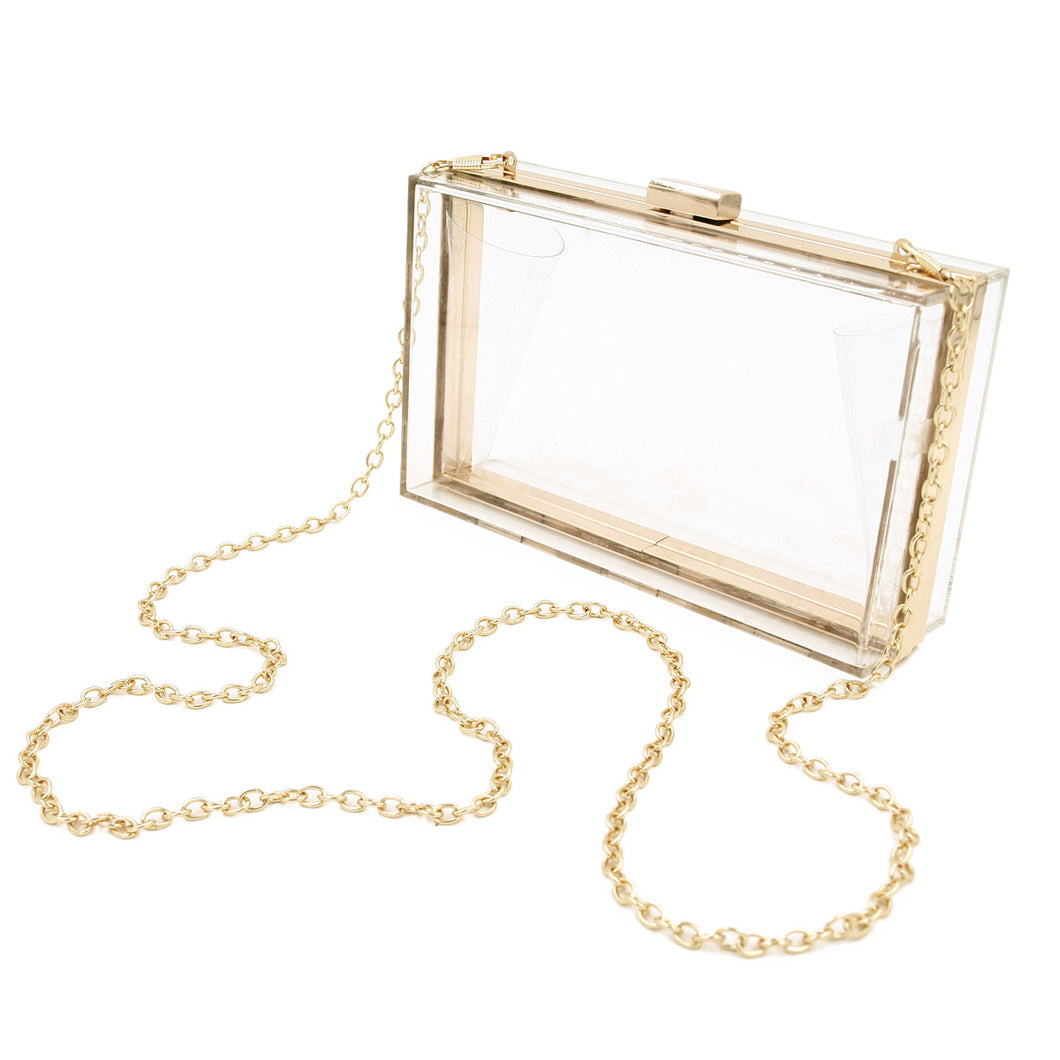 Premium Trendy Transparent Clear Acrylic Hard Box Clutch with Gold Trim