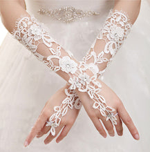 Load image into Gallery viewer, Premium Lace Floral Rhinestone Crystal Fingerless Wedding Party Bridal Gloves