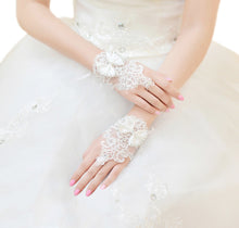 Load image into Gallery viewer, Short Lace Floral Rhinestone Bowknot Fingerless Wedding Party Bridal Gloves