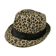 Load image into Gallery viewer, Zebra Print Satin Band Fedora Straw Hat