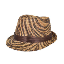 Load image into Gallery viewer, Zebra Print Satin Band Fedora Straw Hat