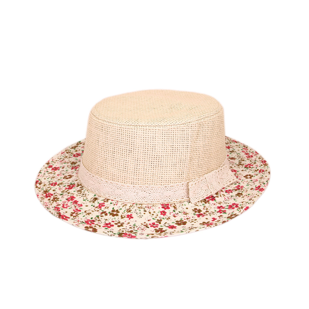 Lace Band Floral Brim Porkpie Straw Hat