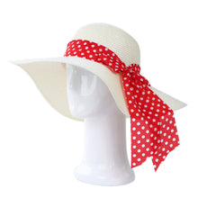 Load image into Gallery viewer, Princess Polka Dot Bow Natural Floppy Wide Brim Straw Beach Sun Hat -Diff Colors