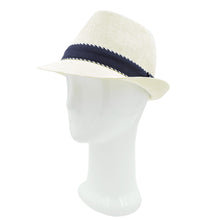 Load image into Gallery viewer, Premium Classic Fedora Straw Hat with Navy Striped Trim Band