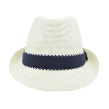 Load image into Gallery viewer, Premium Classic Fedora Straw Hat with Navy Striped Trim Band