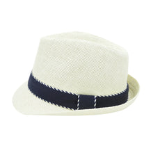 Load image into Gallery viewer, Premium Classic Fedora Straw Hat with Navy Striped Trim Band