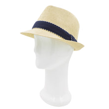 Load image into Gallery viewer, Premium Classic Fedora Straw Hat with Navy Striped Trim Band