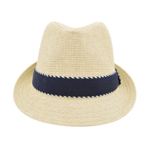 Load image into Gallery viewer, Premium Classic Fedora Straw Hat with Navy Striped Trim Band