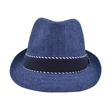 Load image into Gallery viewer, Premium Classic Fedora Straw Hat with Navy Striped Trim Band
