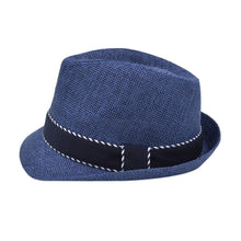 Load image into Gallery viewer, Premium Classic Fedora Straw Hat with Navy Striped Trim Band