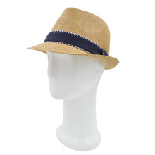 Load image into Gallery viewer, Premium Classic Fedora Straw Hat with Navy Striped Trim Band