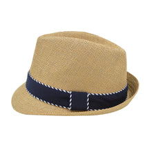Load image into Gallery viewer, Premium Classic Fedora Straw Hat with Navy Striped Trim Band