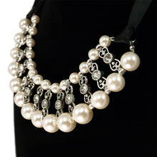 Load image into Gallery viewer, Elegant Pearl &amp; Rhinestones w-Satin Ribbon Bib Statement Necklace
