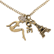 Load image into Gallery viewer, Vintage Bronze Tone Paris Eiffel Tower Girl & Love Charm Pendant Long Necklace