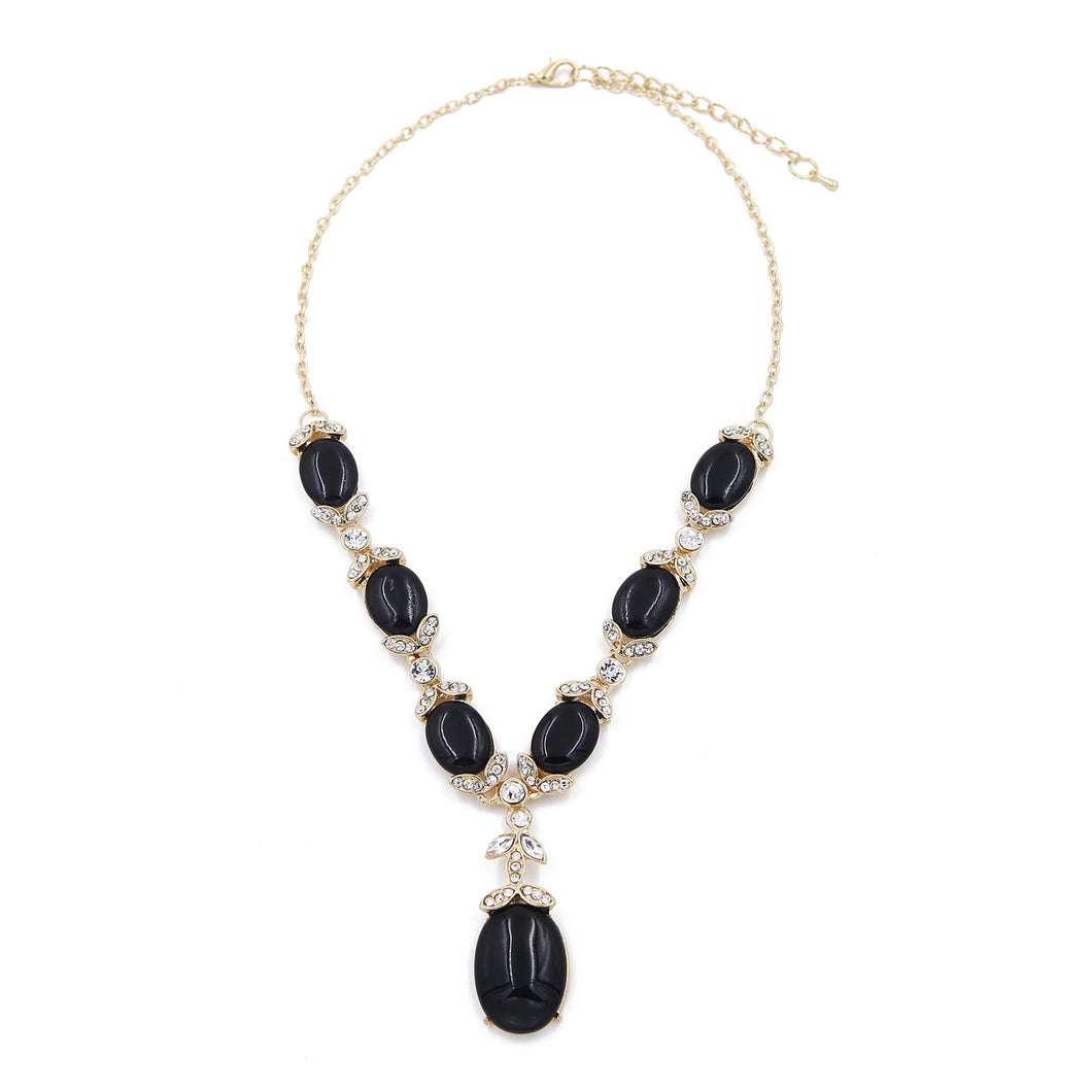 Elegant Gold Tone Crystal & Oval Resin Pearl Fashion Necklace