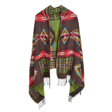 Load image into Gallery viewer, Premium Geometric Aztec Print Toggle Closure Fringe Hooded Poncho Wrap Cape