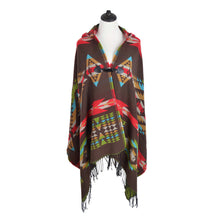 Load image into Gallery viewer, Premium Geometric Aztec Print Toggle Closure Fringe Hooded Poncho Wrap Cape