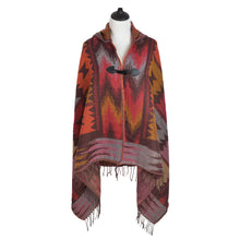 Load image into Gallery viewer, Premium Geometric Aztec Print Toggle Closure Fringe Hooded Poncho Wrap Cape