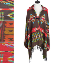 Load image into Gallery viewer, Premium Geometric Aztec Print Toggle Closure Fringe Hooded Poncho Wrap Cape