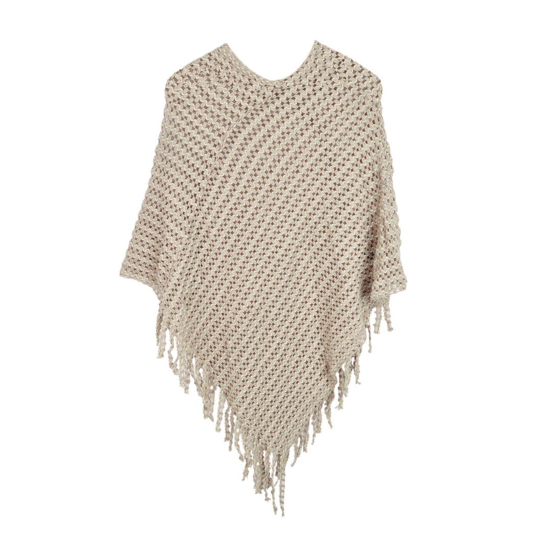 Elegant Two Tone Mesh Knit Striped Crochet Tassel Poncho Sweater Top -Diff Color