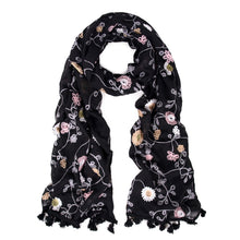 Load image into Gallery viewer, Premium Embroidered Floral Dainty Tassel Hem Scarf Wrap Shawl