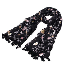 Load image into Gallery viewer, Premium Embroidered Floral Dainty Tassel Hem Scarf Wrap Shawl