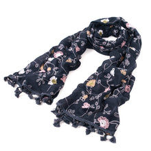 Load image into Gallery viewer, Premium Embroidered Floral Dainty Tassel Hem Scarf Wrap Shawl