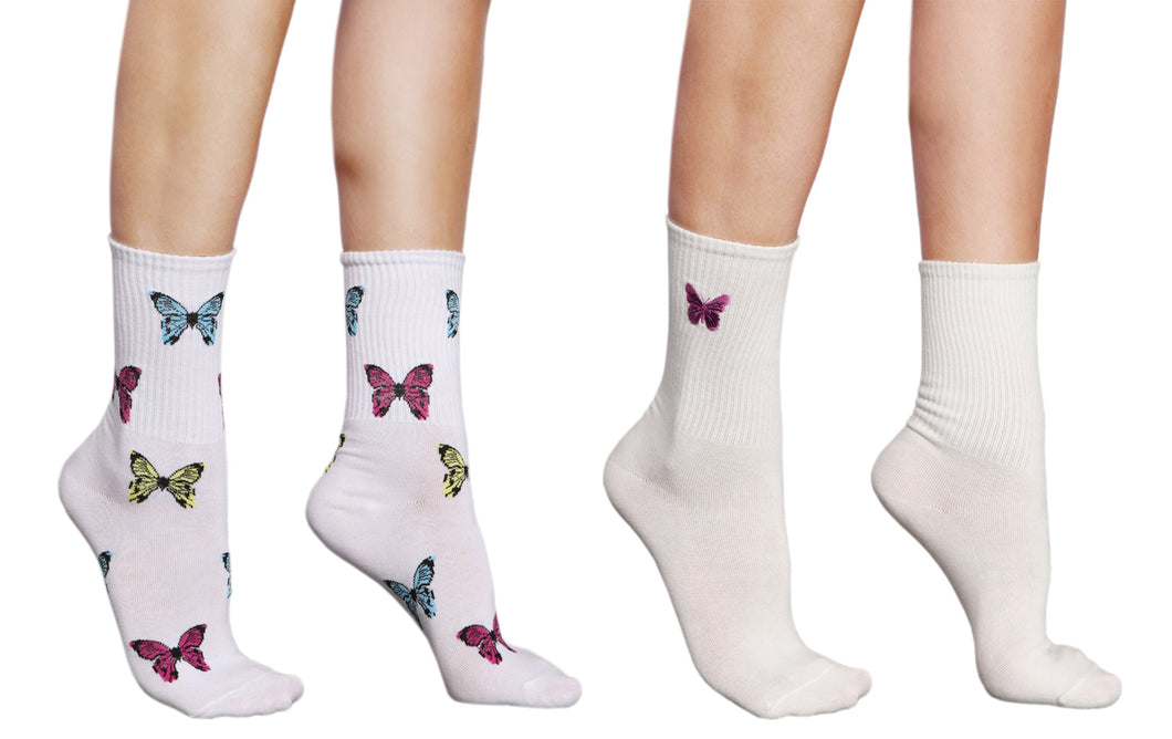 Women's 2-Pack Soft Cotton Butterfly Print Causal Crew Socks