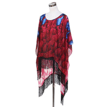 Load image into Gallery viewer, Large Wide Chiffon Feather Fringe Kimono Wrap Poncho Blouse Beach Cover Up