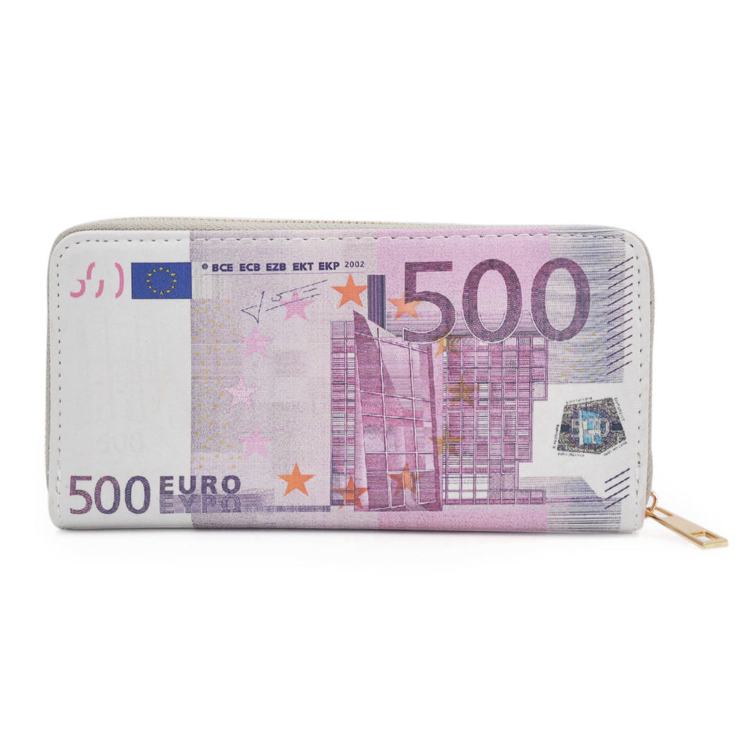 500 Euro Currency Money Bill Print PU Leather Zip Around Wallet