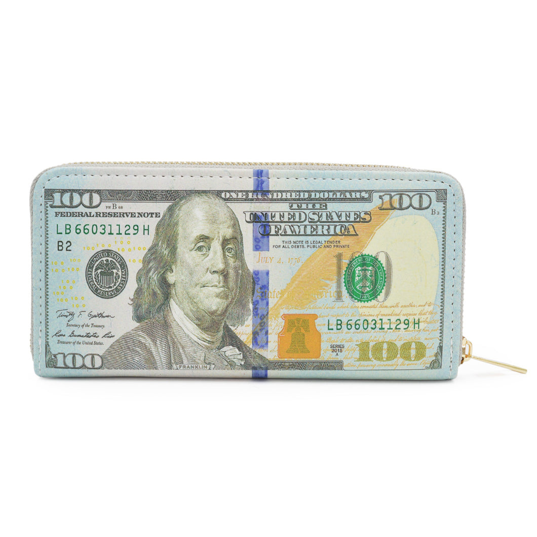 US Dollar USD $100 Currency Money Bill Print PU Leather Zip Around Wallet