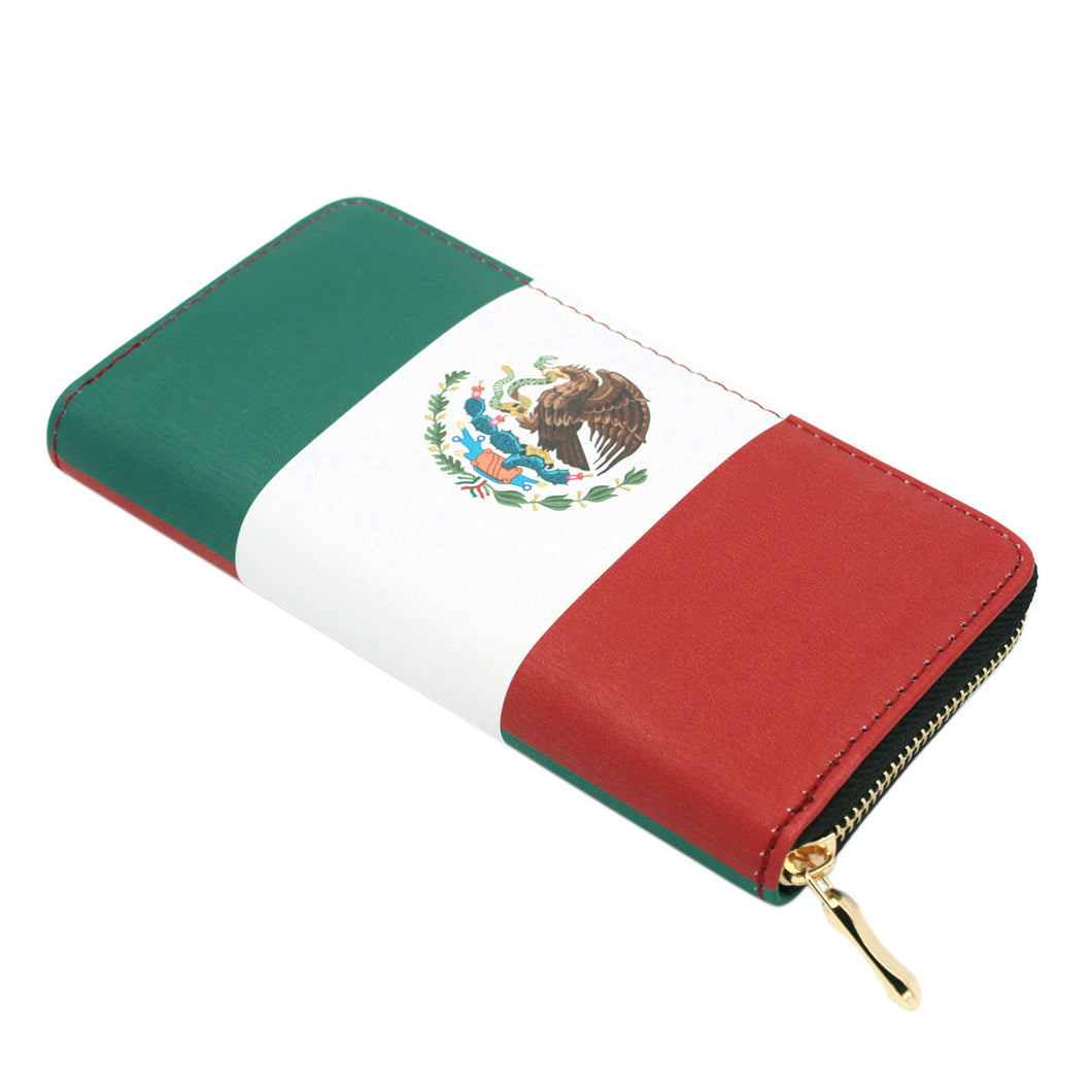 Premium Mexico Country Flag Print PU Leather Zip Around Wallet