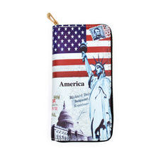 Load image into Gallery viewer, Premium USA US American Flag City Landmark Print PU Leather Zip Around Wallet